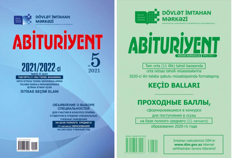 DİM "Abituriyent" jurnalının 5-ci nömrəsi və tam (11 illik) orta təhsil bazasında orta ixtisas təhsili müəssisələrinə 2020-ci ilin tələbə qəbulu müsabiqəsində formalaşmış keçid ballarını nəşr edib