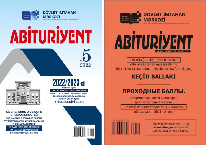 DİM “Abituriyent” jurnalının 5-ci nömrəsini və və “Tam (11 illik) orta təhsil bazasında orta ixtisas təhsili müəssisələrinə 2021-ci ilin tələbə qəbulu müsabiqəsində formalaşmış keçid balları”nı nəşr edib
