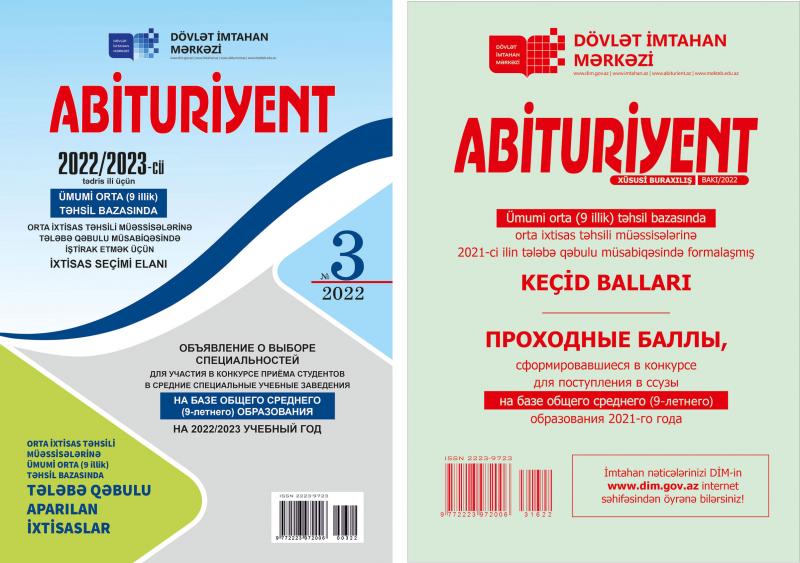 Dövlət İmtahan Mərkəzi "Abituriyent" jurnalının 3-cü nömrəsini və “Ümumi (9 illik) orta təhsil bazasında orta ixtisas təhsili müəssisələrinə 2021-ci ilin tələbə qəbulu müsabiqəsində formalaşmış keçid balları”nı nəşr edib